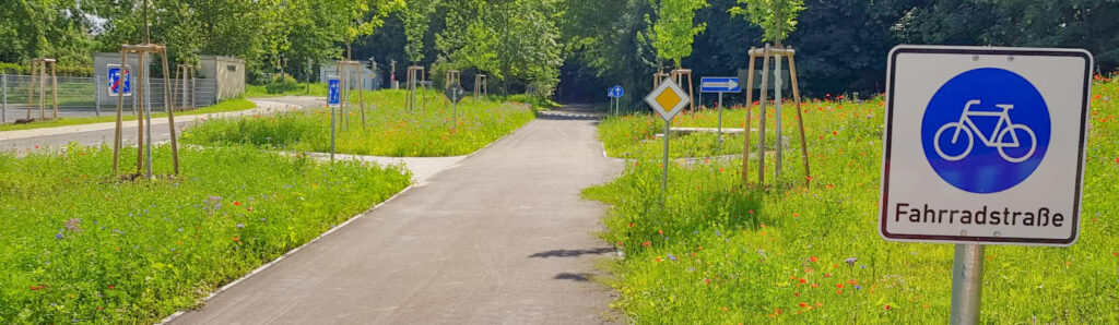 Fertiggestellte Fahrradstraße mit Asphaltbelag und Verkehrszeichen