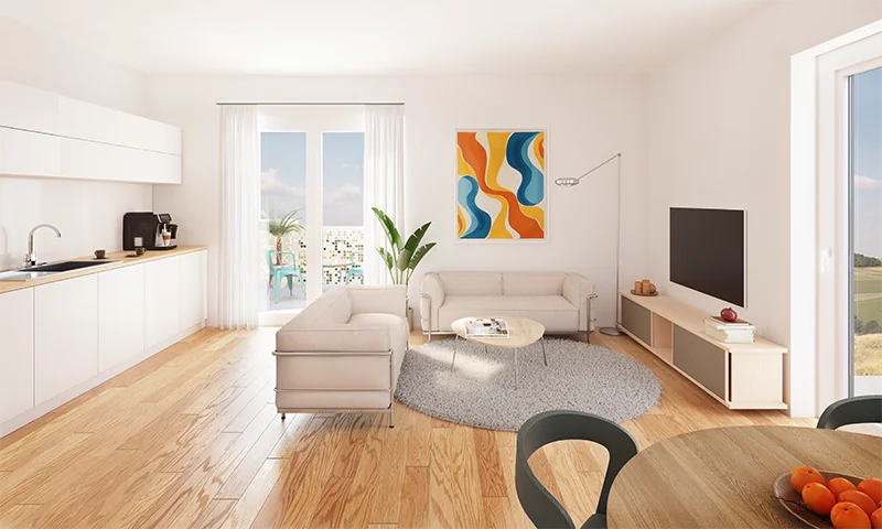 Offener Wohn‑ und Essbereich mit Sofa, offener Küche, Esstisch und Balkonzugang.