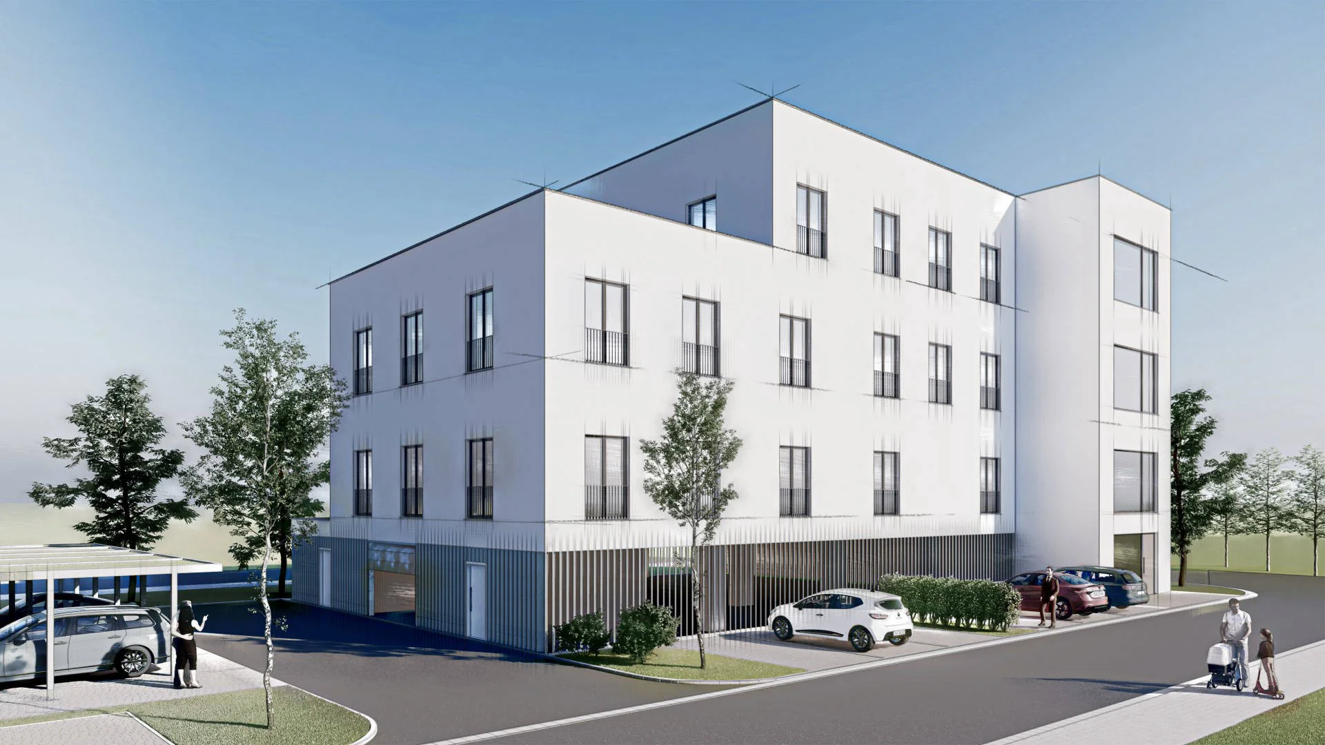 Architekturvisualisierung eines viergeschossigen Gebäudes mit heller Fassade, Stellplätzen und Straßenanbindung.