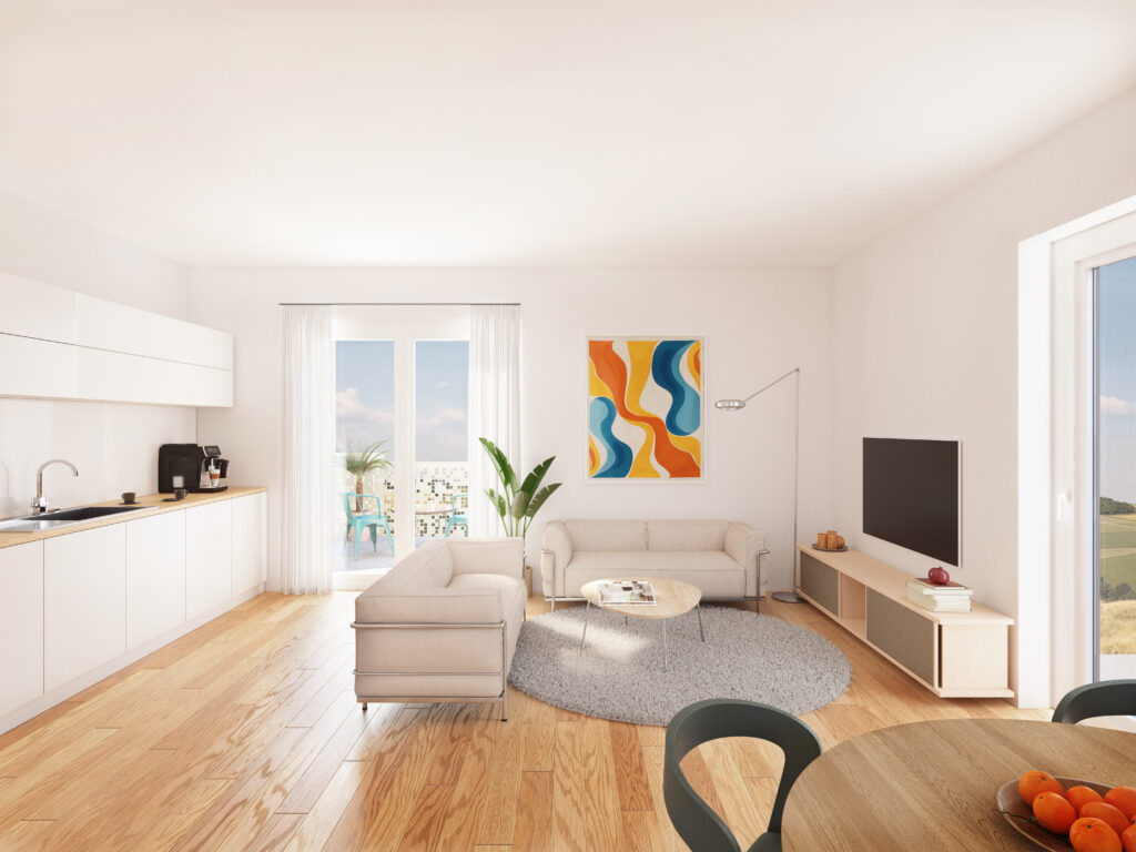 Visualisierung eines Wohn‑ und Essbereichs mit Sofa, offener Küche und Balkonzugang.